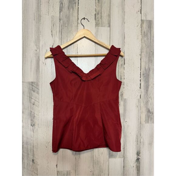 Ann Taylor Red Ruffle V Neck Sleeveless Blouse Top Career Work Office Size 2 - Picture 2 of 5